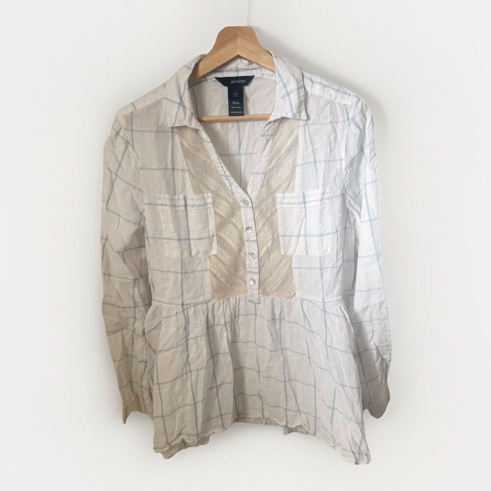 Ali Miles Top Womens S Plaid Lace Button Front Shirt Tunic Roll Tab Coastal